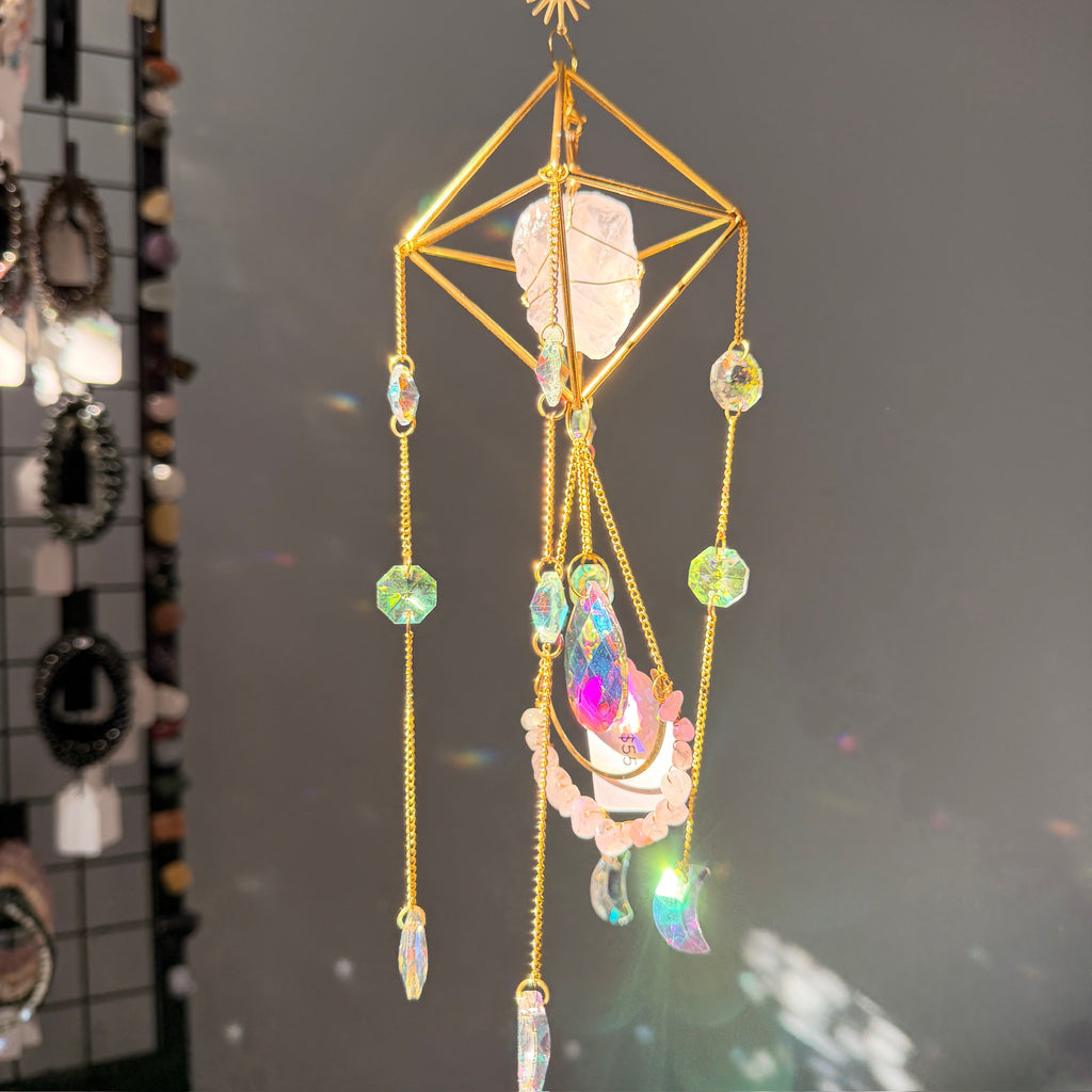 SunJewelz Wearable Sun-catcher with Wire Wrapped Rose Quartz – Wholehearted Crystal Creations