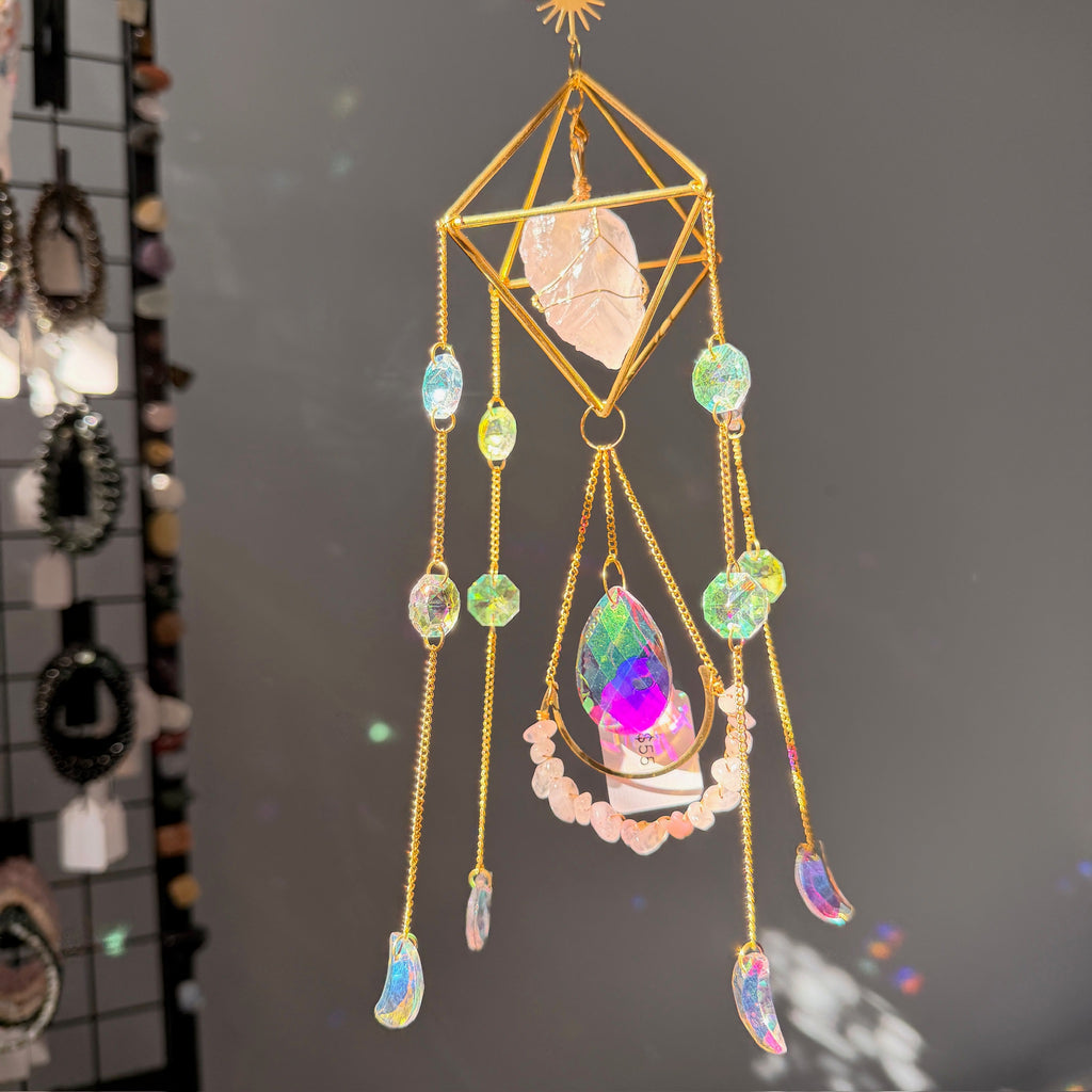 SunJewelz Wearable Sun-catcher with Wire Wrapped Rose Quartz – Wholehearted Crystal Creations