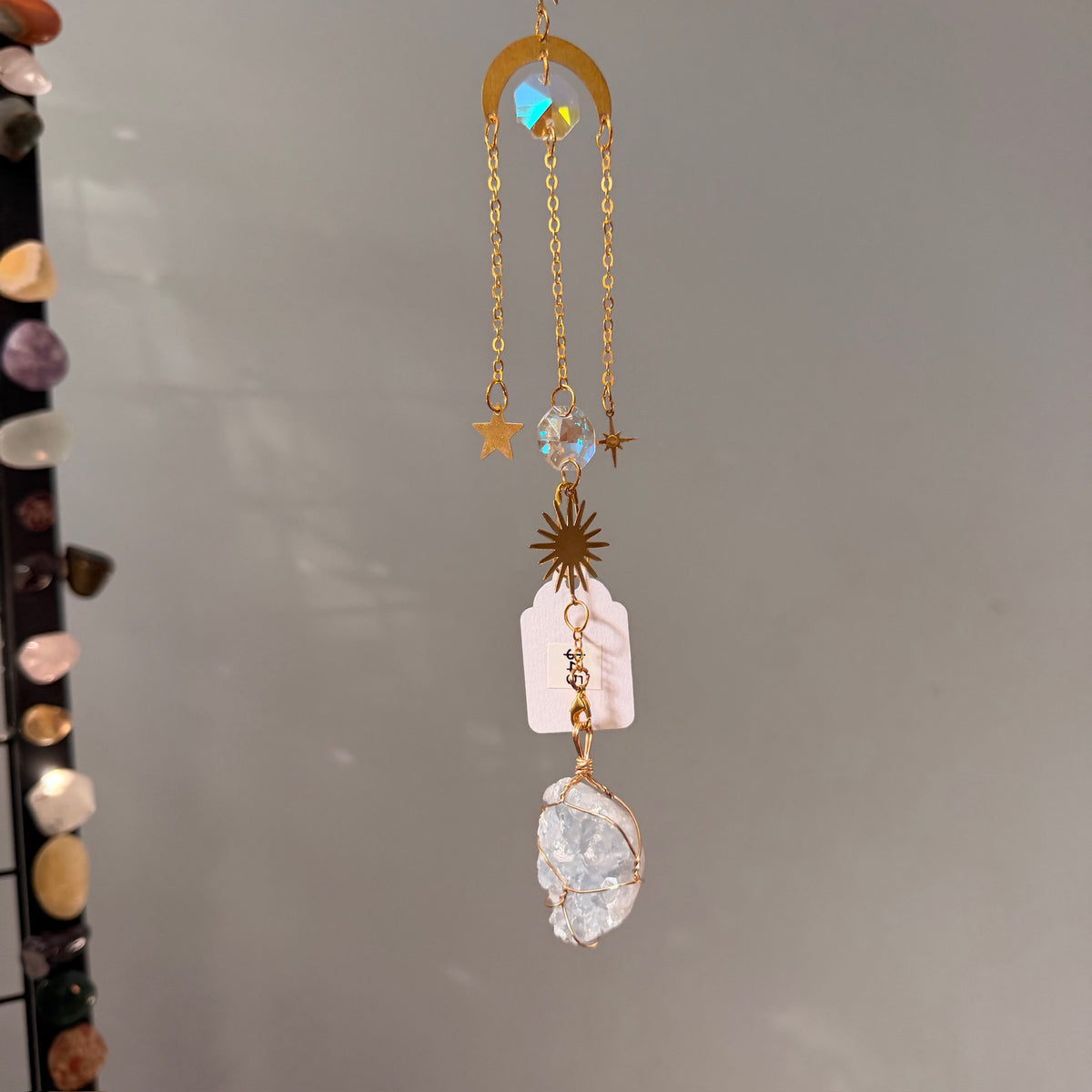 SunJewelz Wearable Sun-catcher with Wire Wrapped Celestite – Wholehearted Crystal Creations