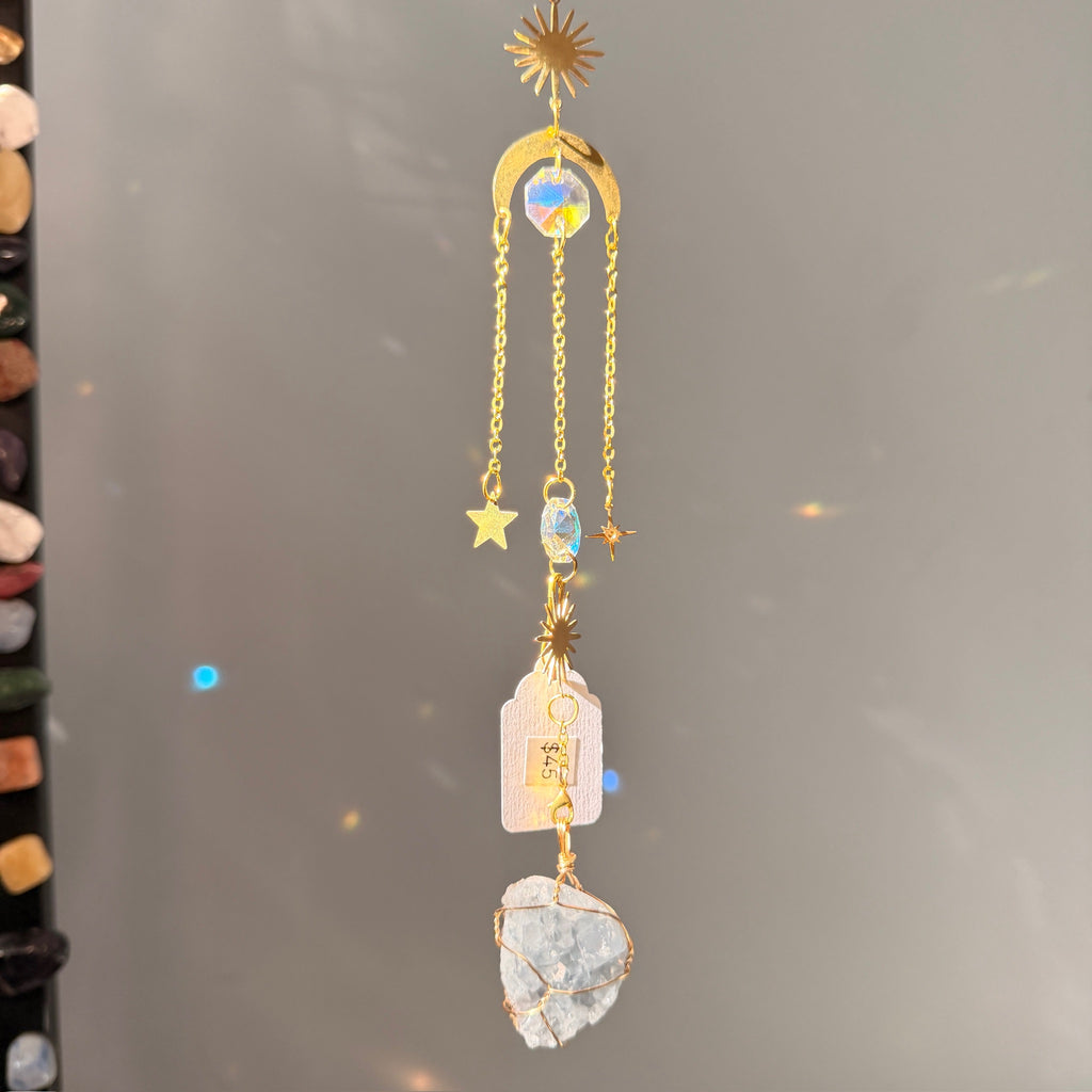 SunJewelz Wearable Sun-catcher with Wire Wrapped Celestite – Wholehearted Crystal Creations