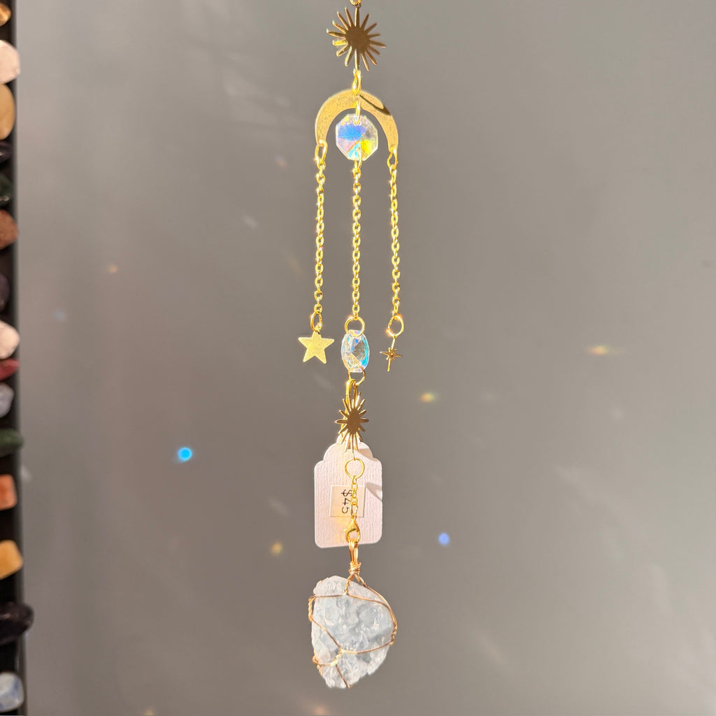 SunJewelz Wearable Sun-catcher with Wire Wrapped Celestite – Wholehearted Crystal Creations