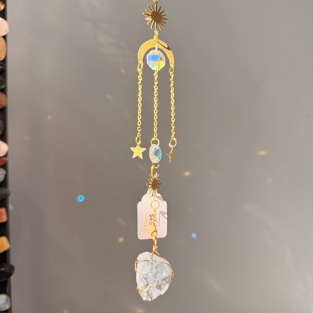 SunJewelz Wearable Sun-catcher with Wire Wrapped Celestite – Wholehearted Crystal Creations