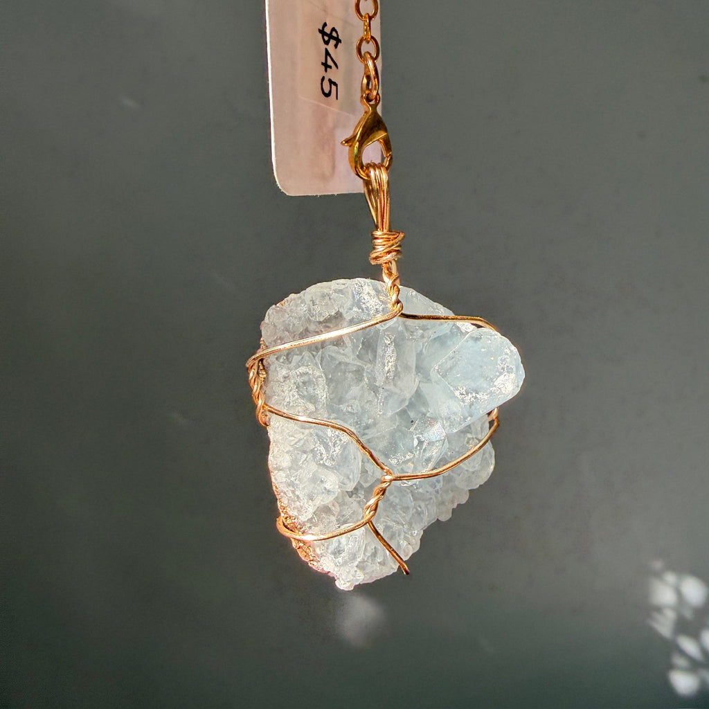 SunJewelz Wearable Sun-catcher with Wire Wrapped Celestite – Wholehearted Crystal Creations