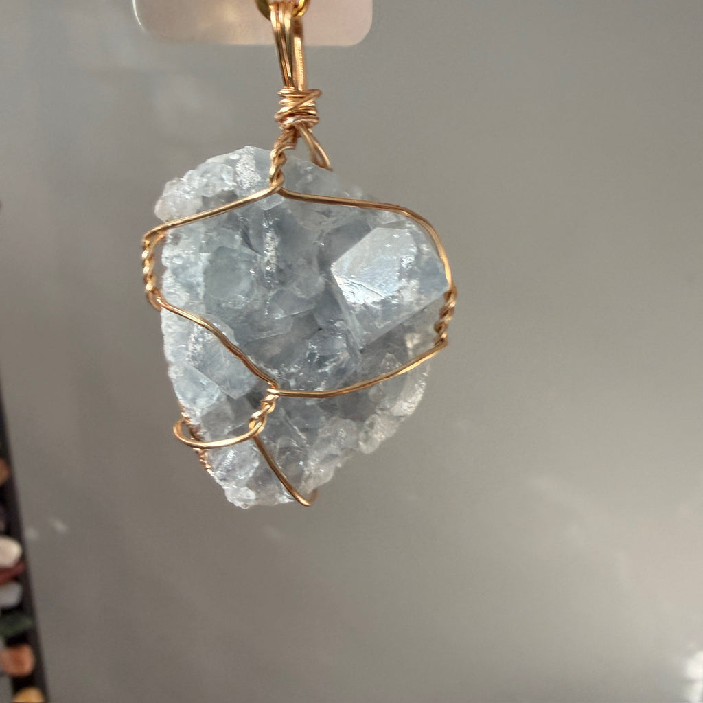 SunJewelz Wearable Sun-catcher with Wire Wrapped Celestite – Wholehearted Crystal Creations