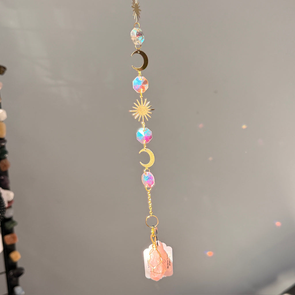 SunJewelz Wearable Sun-catcher with Wire Wrapped Rose Quartz – Wholehearted Crystal Creations