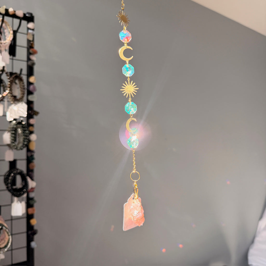 SunJewelz Wearable Sun-catcher with Wire Wrapped Rose Quartz – Wholehearted Crystal Creations