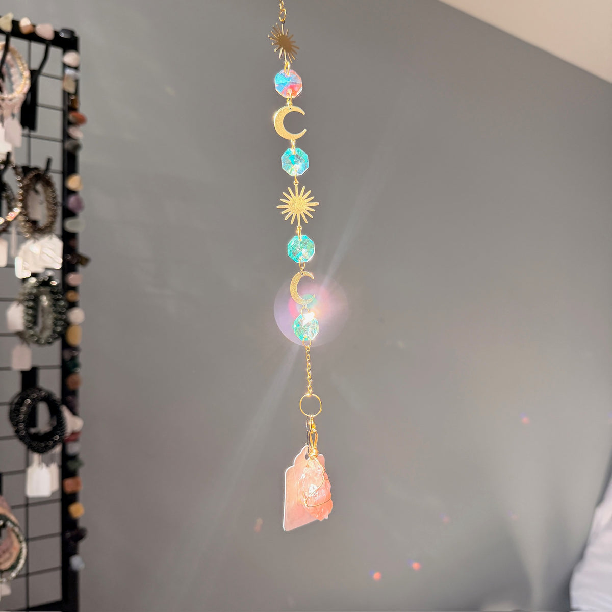 SunJewelz Wearable Sun-catcher with Wire Wrapped Rose Quartz – Wholehearted Crystal Creations