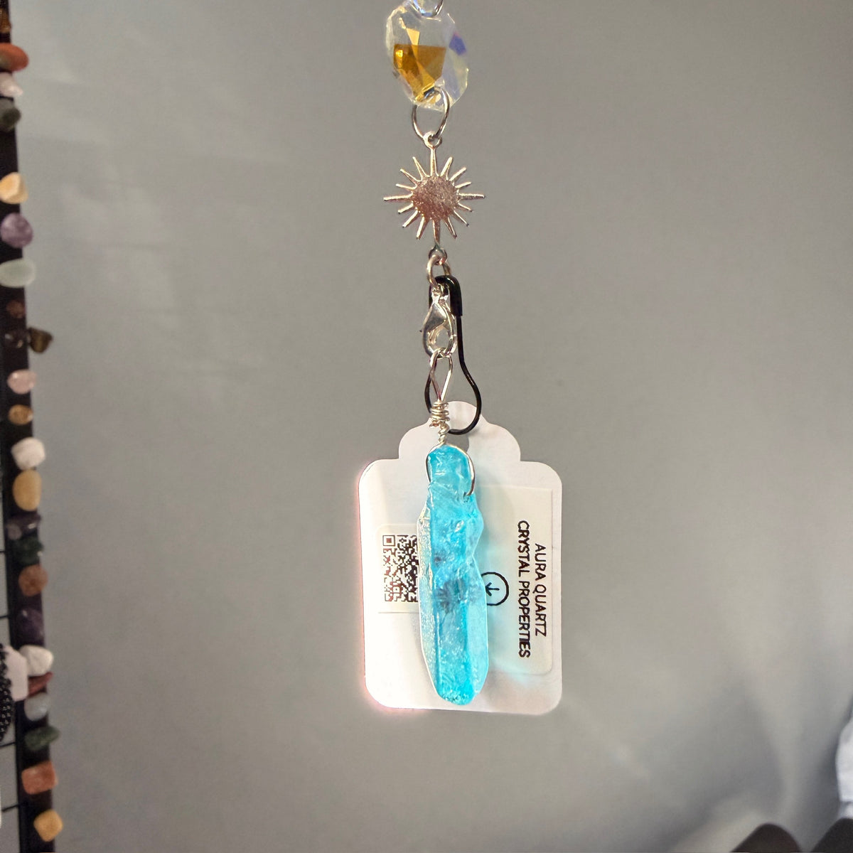 SunJewelz Wearable Sun-catcher with Wire Wrapped Aqua Aura Quartz – Wholehearted Crystal Creations
