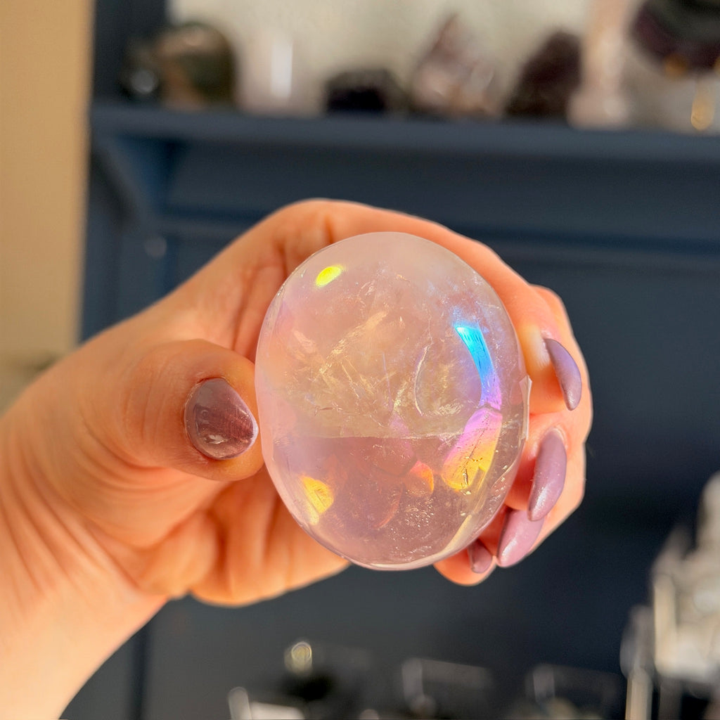 Angel Aura Rose Quartz Palm Stone Specimen