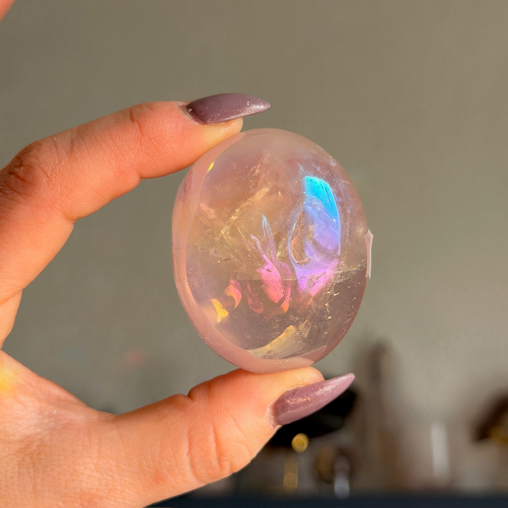 Angel Aura Rose Quartz Palm Stone Specimen