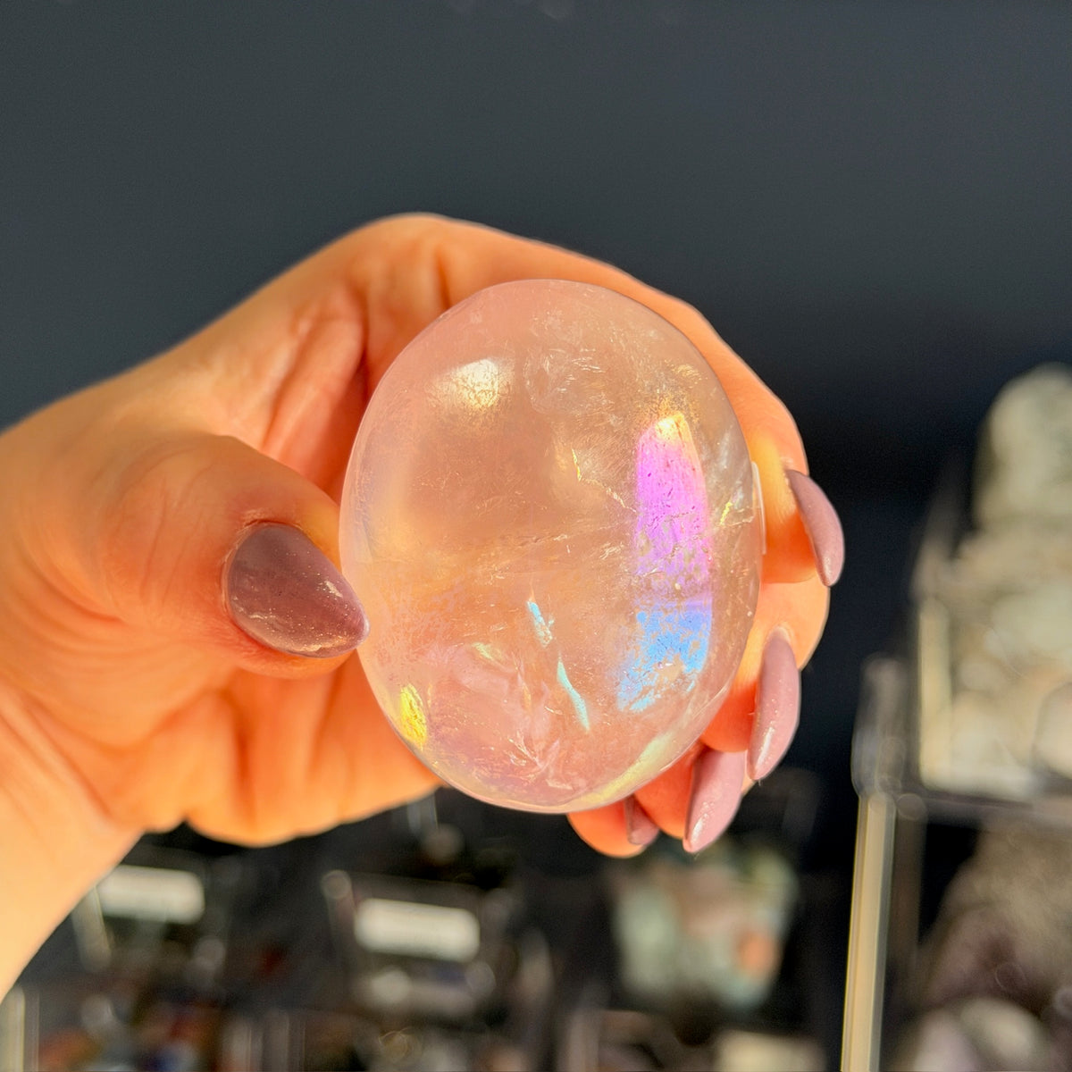 Angel Aura Rose Quartz Palm Stone Specimen