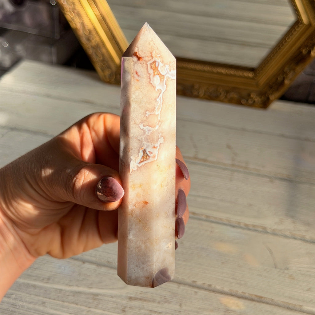 Pink Amethyst with Blue Flower Agate Tower Specimen (1)