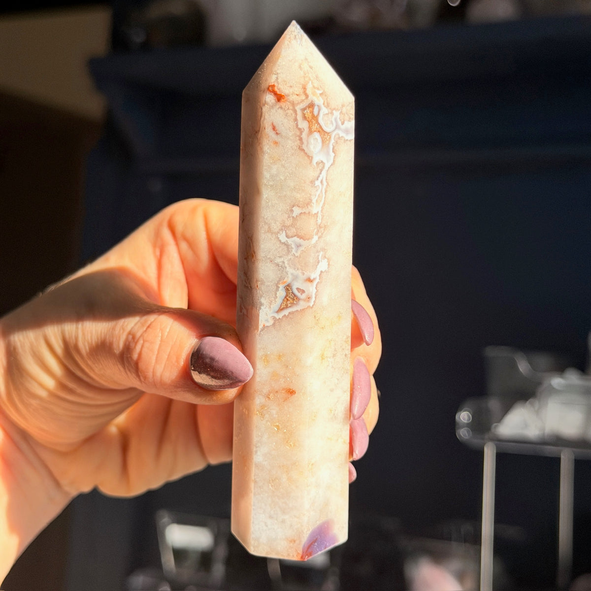 Pink Amethyst with Blue Flower Agate Tower Specimen (1)