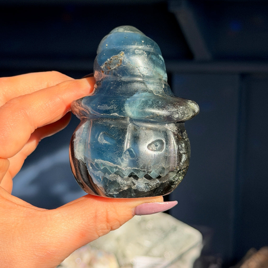 Blue Fluorite Jack-O-Lantern Witch Carving Specimen