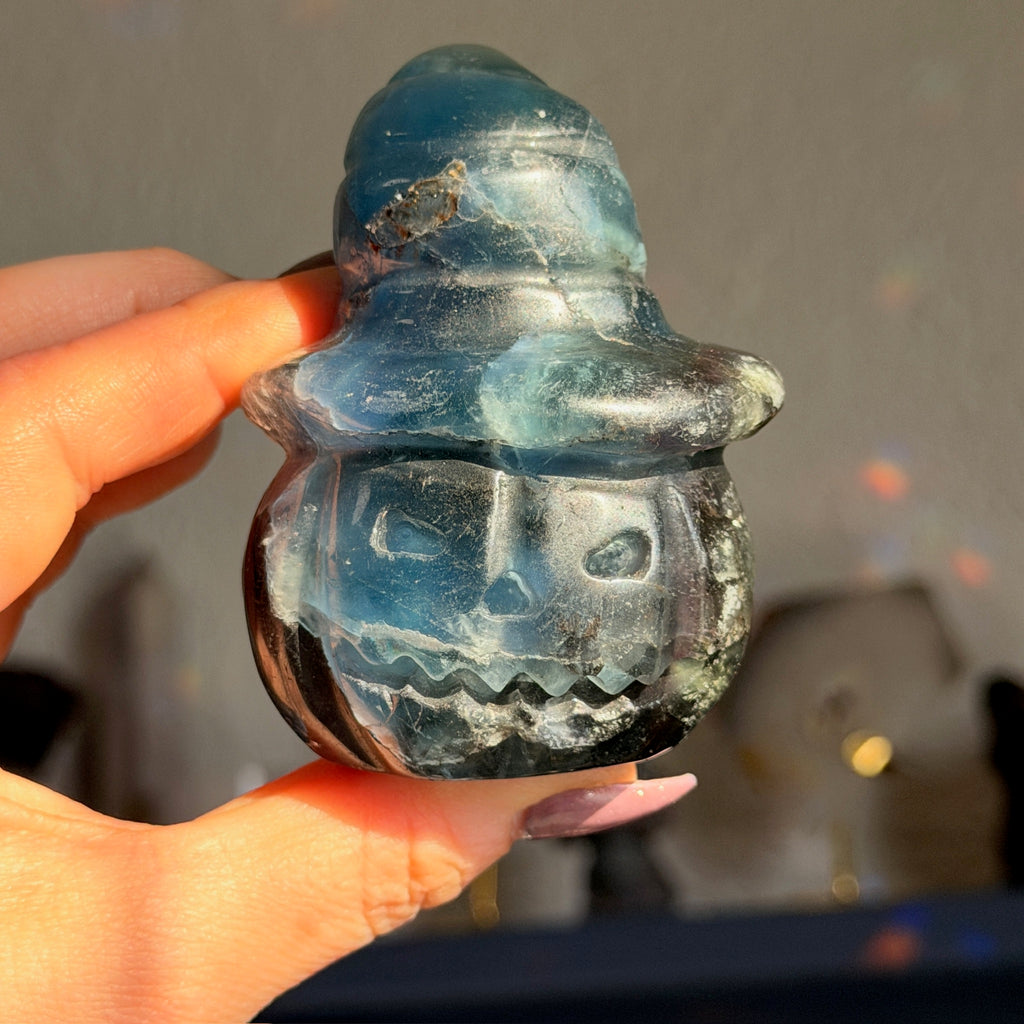 Blue Fluorite Jack-O-Lantern Witch Carving Specimen