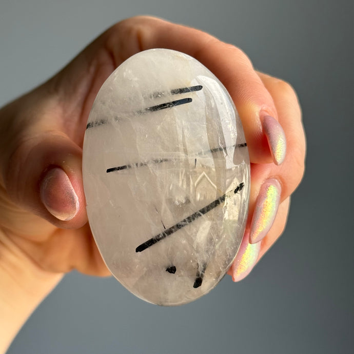 Tourmalated Quartz Palm Stone Specimen