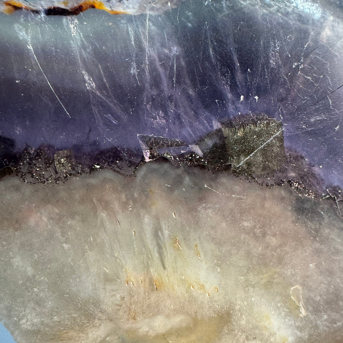Fluorite with Pyrite and Rutile Inclusions Polished Slab Crystal Specimen – Wholehearted Crystal Creations
