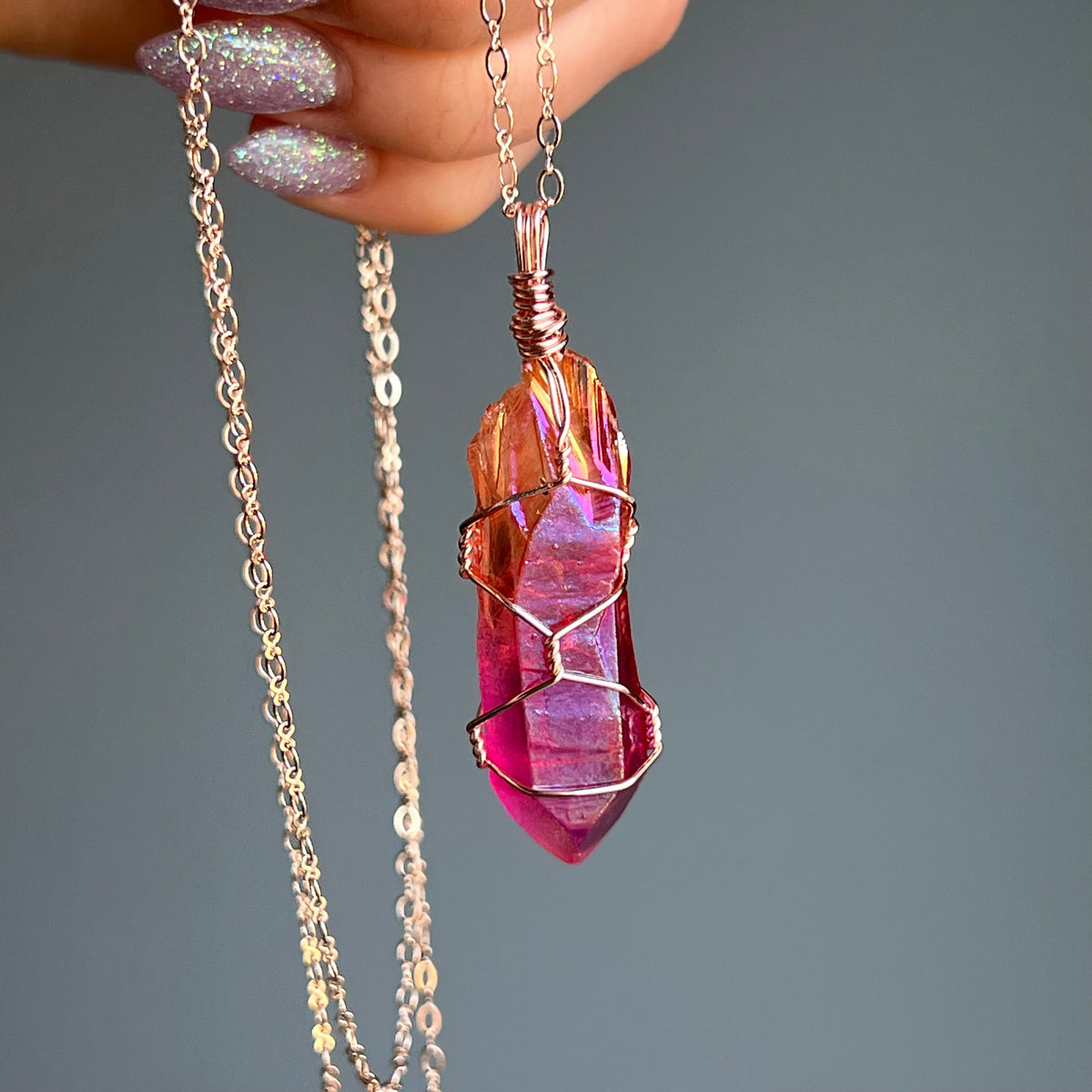 Aura quartz wire wrapped crystal necklace on rose gold chain – Wholehearted Crystal Creations