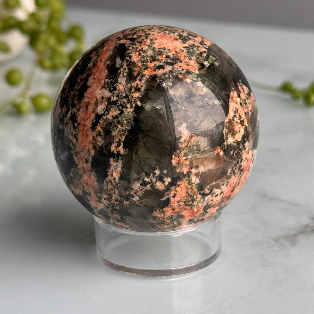 Epidote Quartz with Plume Polished Sphere Crystal Specimen – Wholehearted Crystal Creations