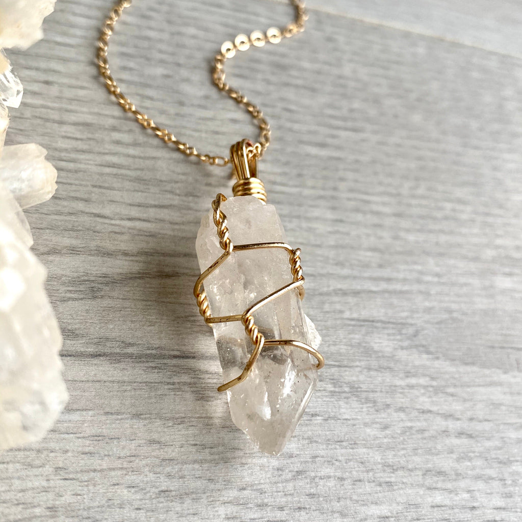 Clear quartz wire wrapped crystal necklace on gold chain – Wholehearted Crystal Creations