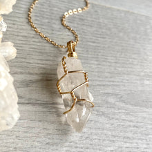 Clear quartz wire wrapped crystal necklace on gold chain – Wholehearted Crystal Creations
