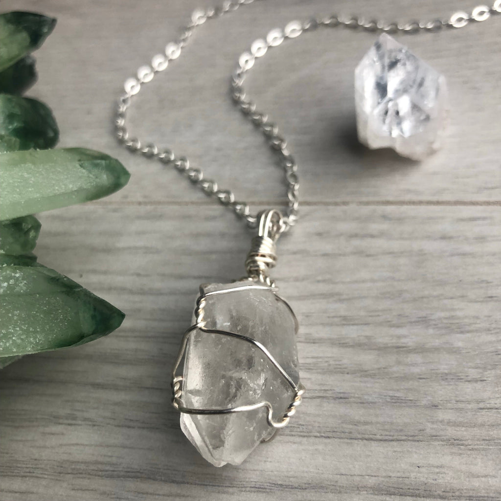 Clear quartz wire wrapped crystal necklace on silver chain – Wholehearted Crystal Creations