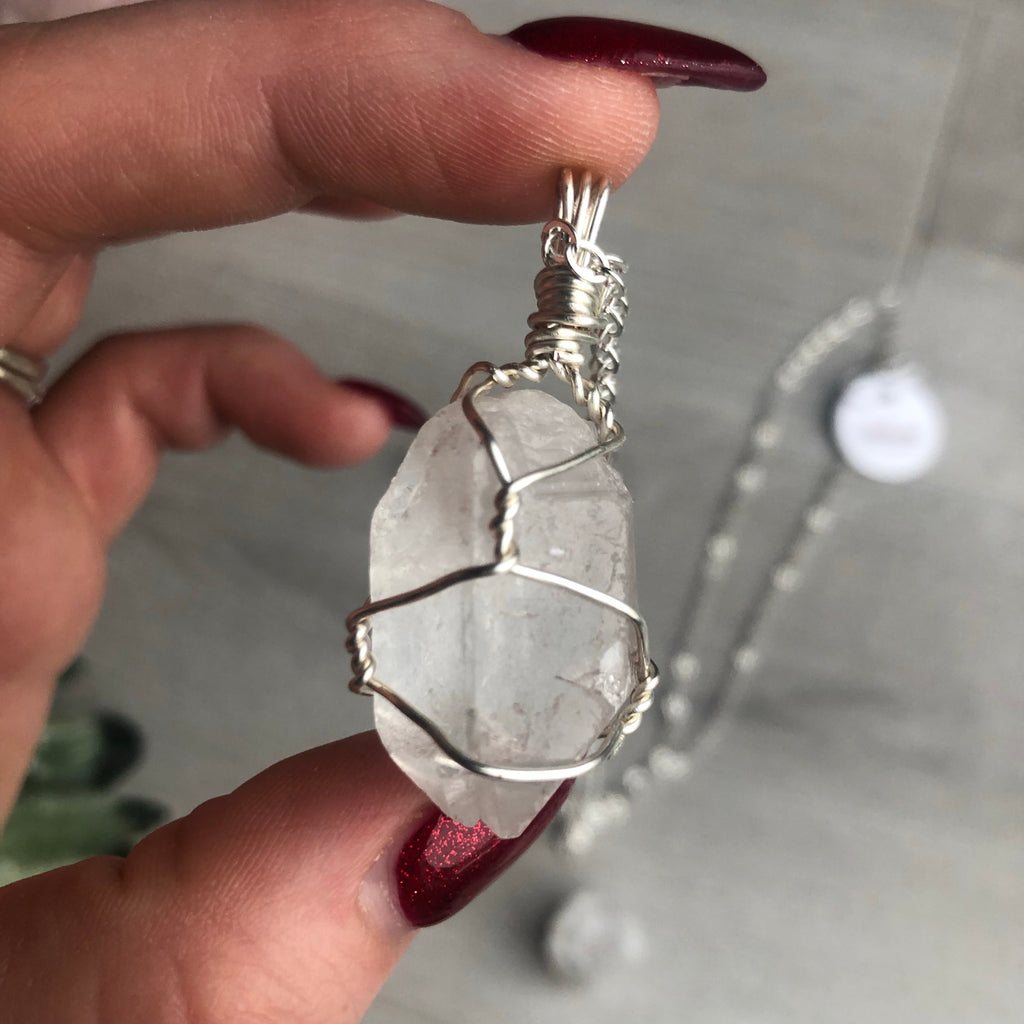 Clear quartz wire wrapped crystal necklace on silver chain – Wholehearted Crystal Creations