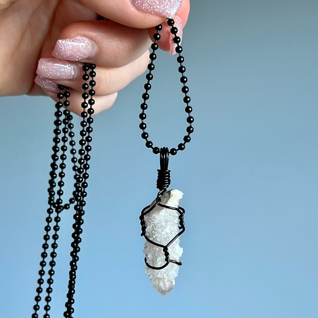 Spirit quartz wire wrapped crystal necklace on black chain – Wholehearted Crystal Creations