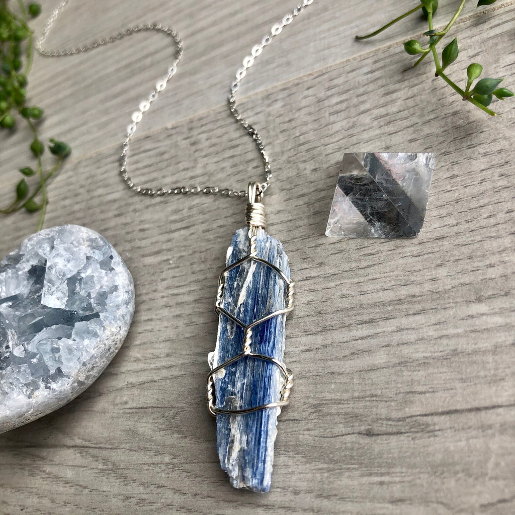 Kyanite wire wrapped crystal necklace on silver chain – Wholehearted Crystal Creations