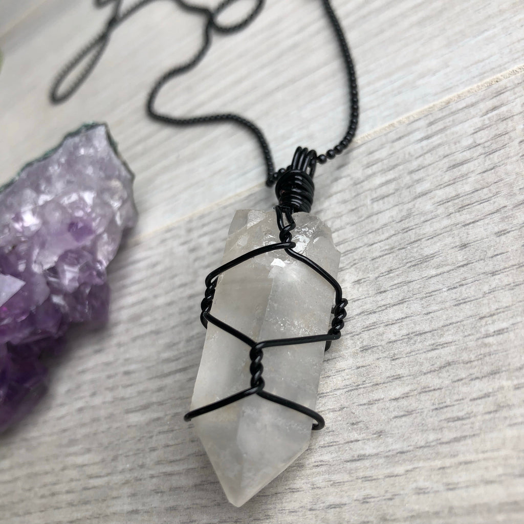 Clear quartz wire wrapped crystal necklace on black chain – Wholehearted Crystal Creations