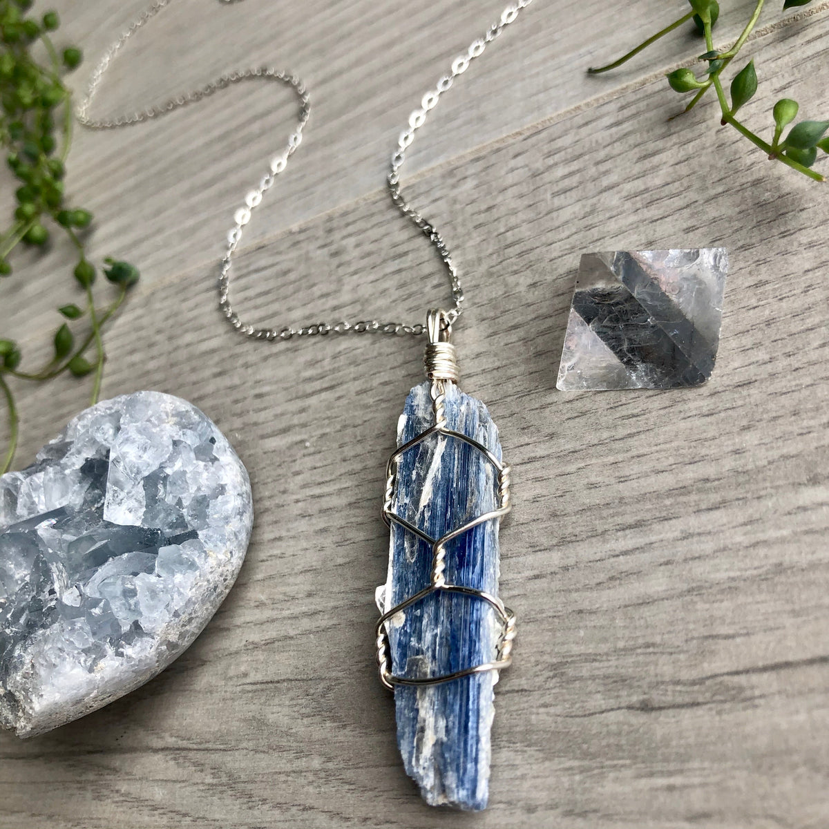 Kyanite wire wrapped crystal necklace on silver chain – Wholehearted Crystal Creations