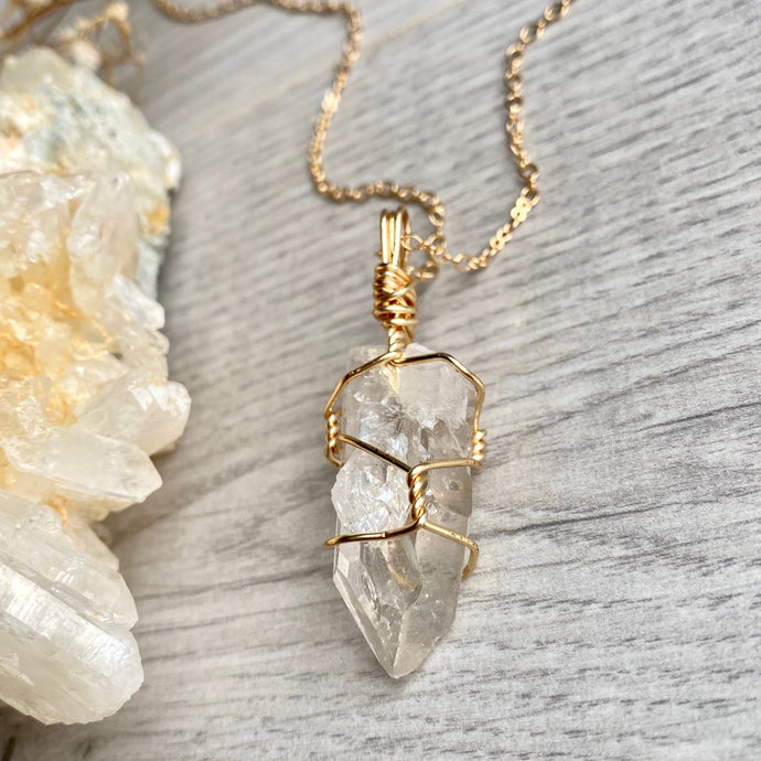 Clear quartz wire wrapped crystal necklace on gold chain – Wholehearted Crystal Creations