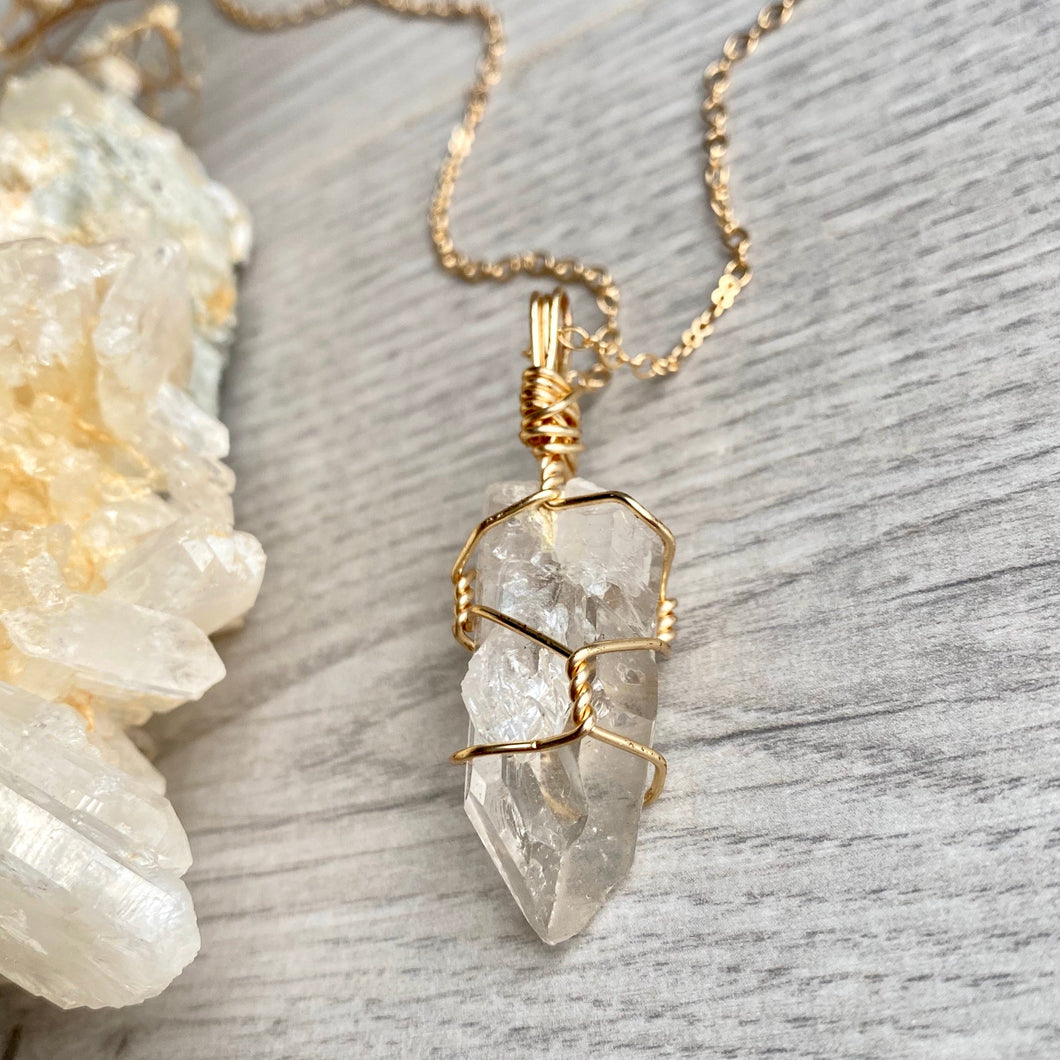 Clear quartz wire wrapped crystal necklace on gold chain – Wholehearted Crystal Creations