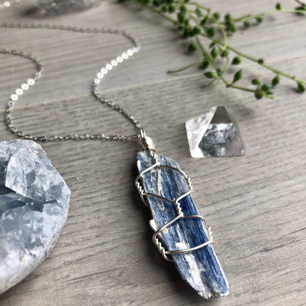 Kyanite wire wrapped crystal necklace on silver chain – Wholehearted Crystal Creations