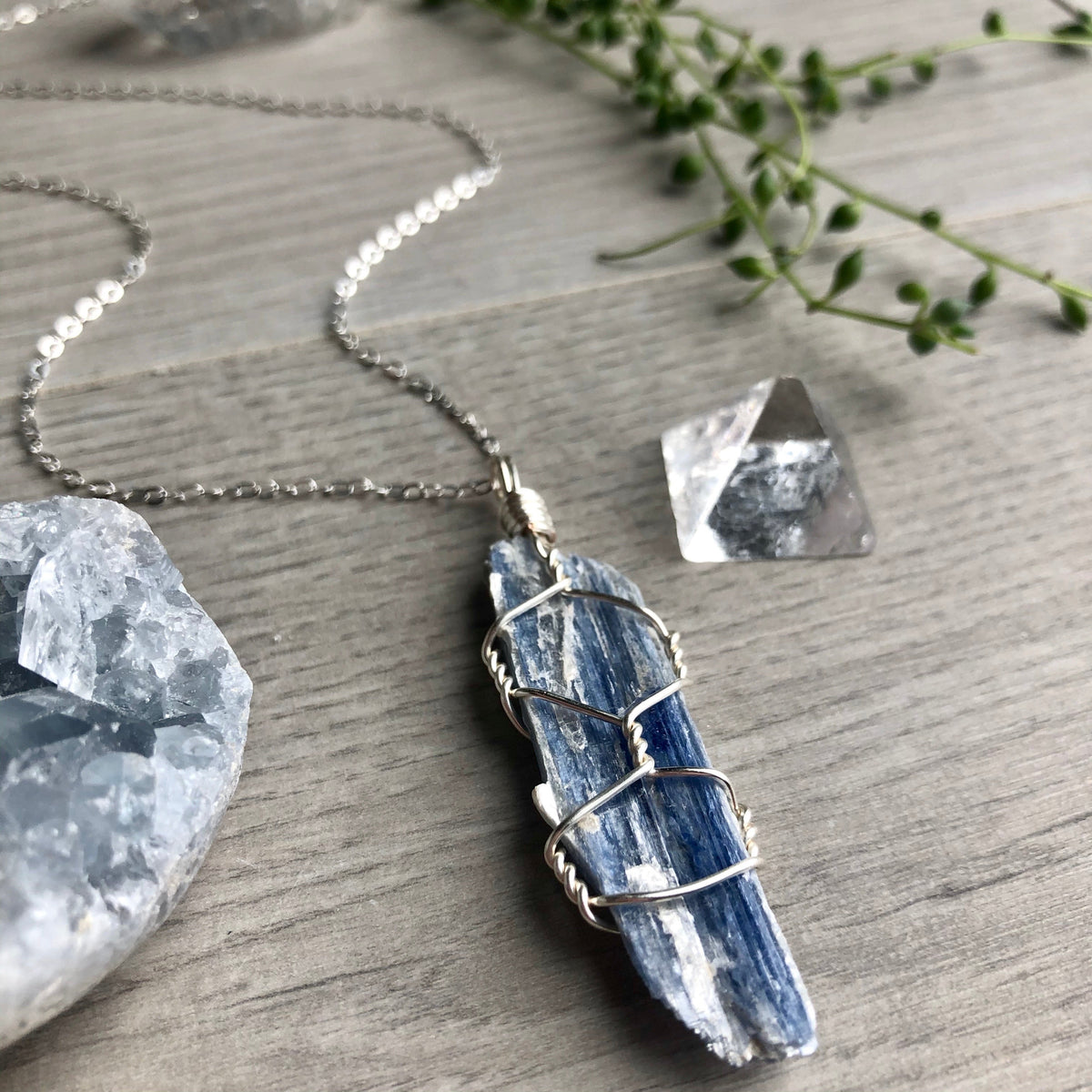 Kyanite wire wrapped crystal necklace on silver chain – Wholehearted Crystal Creations