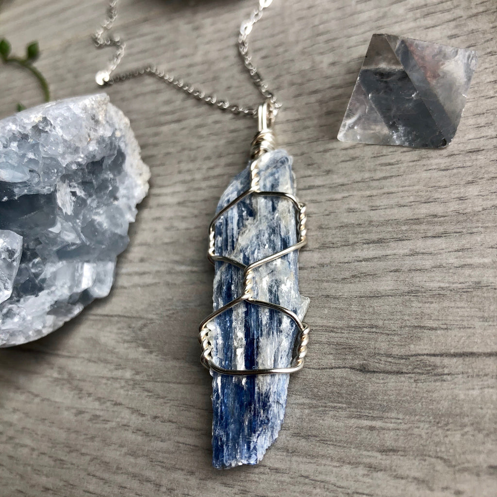 Kyanite wire wrapped crystal necklace on silver chain – Wholehearted Crystal Creations