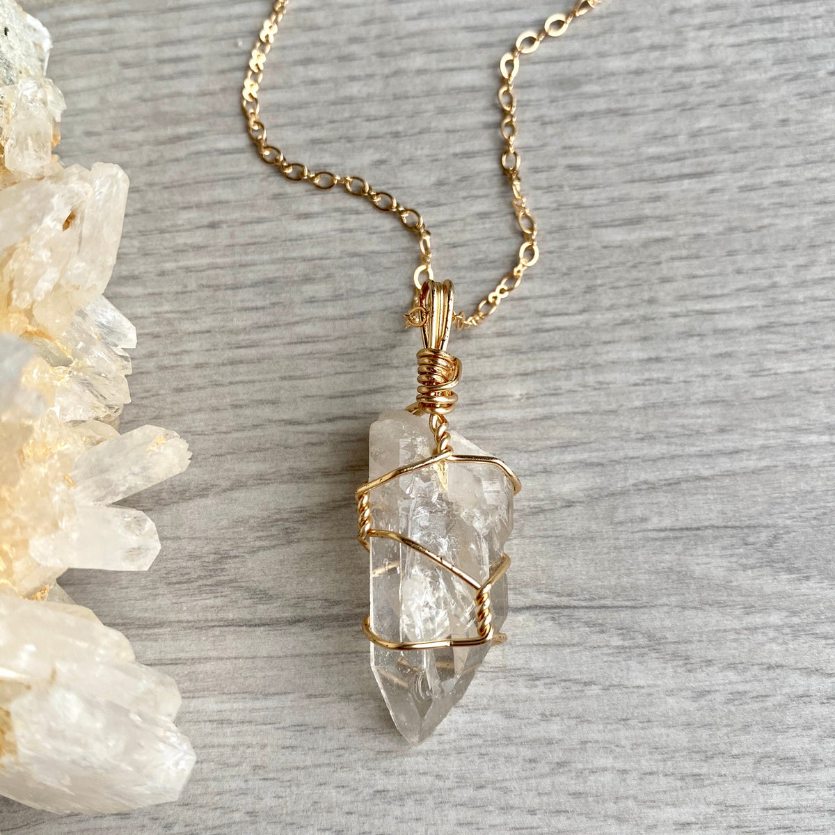 Clear quartz wire wrapped crystal necklace on gold chain – Wholehearted Crystal Creations