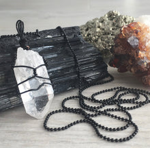 Clear quartz wire wrapped crystal necklace on black chain – Wholehearted Crystal Creations