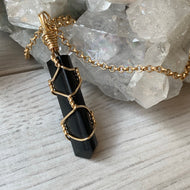 Black tourmaline wire wrapped crystal necklace on gold chain – Wholehearted Crystal Creations