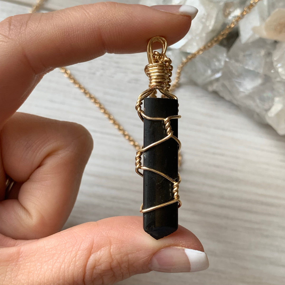 Black tourmaline wire wrapped crystal necklace on gold chain – Wholehearted Crystal Creations