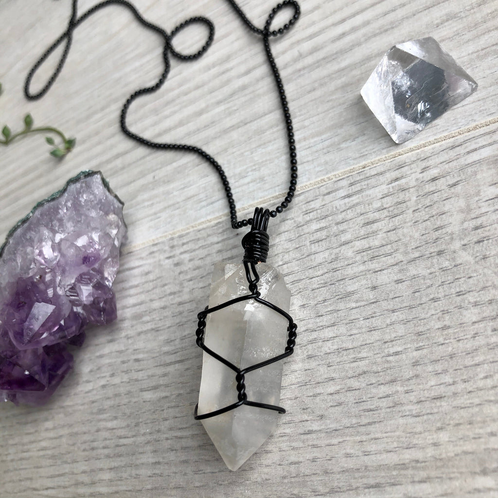 Clear quartz wire wrapped crystal necklace on black chain – Wholehearted Crystal Creations