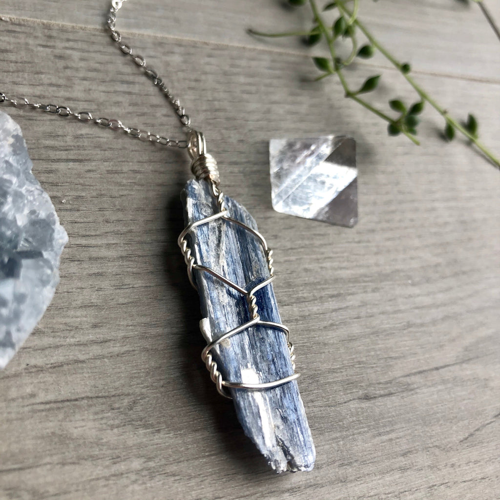 Kyanite wire wrapped crystal necklace on silver chain – Wholehearted Crystal Creations