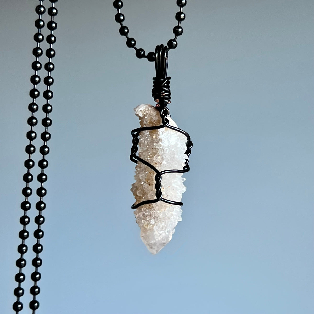 Spirit quartz wire wrapped crystal necklace on black chain – Wholehearted Crystal Creations