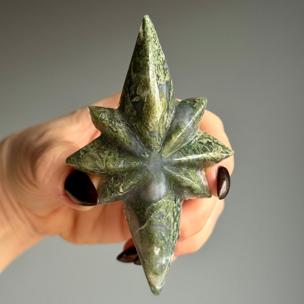 Moss Agate Star Carving Crystal Specimen with Stand – Wholehearted Crystal Creations