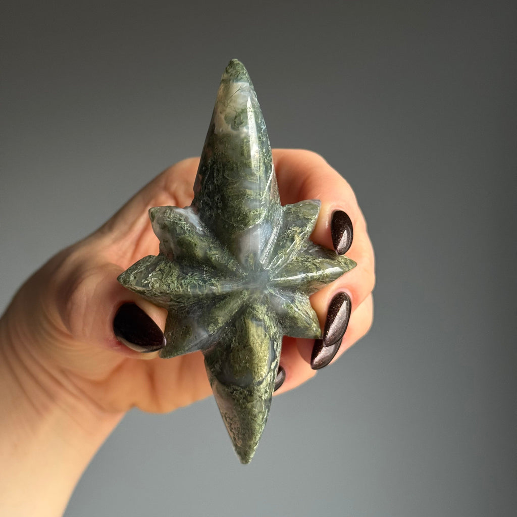 Moss Agate Star Carving Crystal Specimen with Stand – Wholehearted Crystal Creations