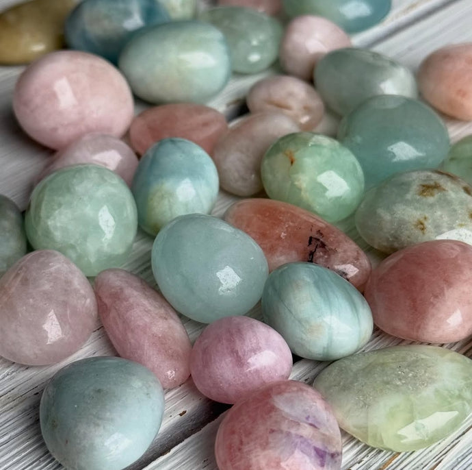 Morganite, Heliador, Aquamarine Beryls and Prehnite Tumble Stone Specimens
