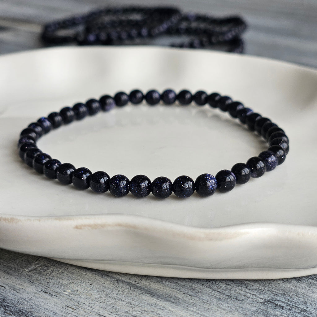 Blue Goldstone 4mm Beaded Stretch Stone Bracelet – Wholehearted Crystal Creations