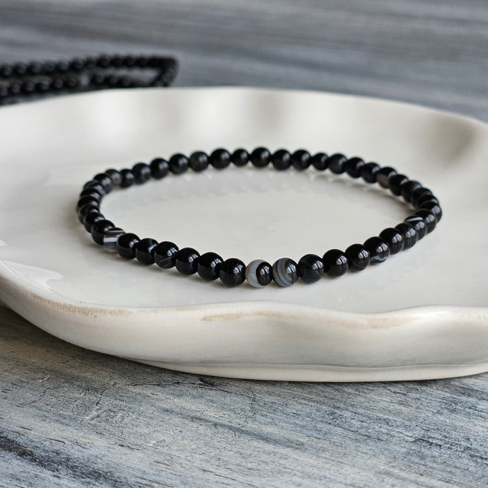 Banded Black Onyx 4mm Beaded Stretch Stone Bracelet