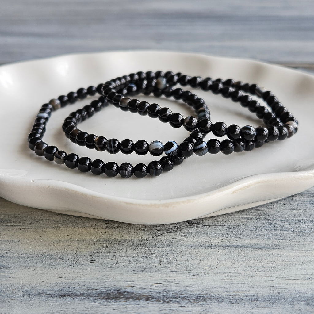 Banded Black Onyx 4mm Beaded Stretch Stone Bracelet – Wholehearted Crystal Creations