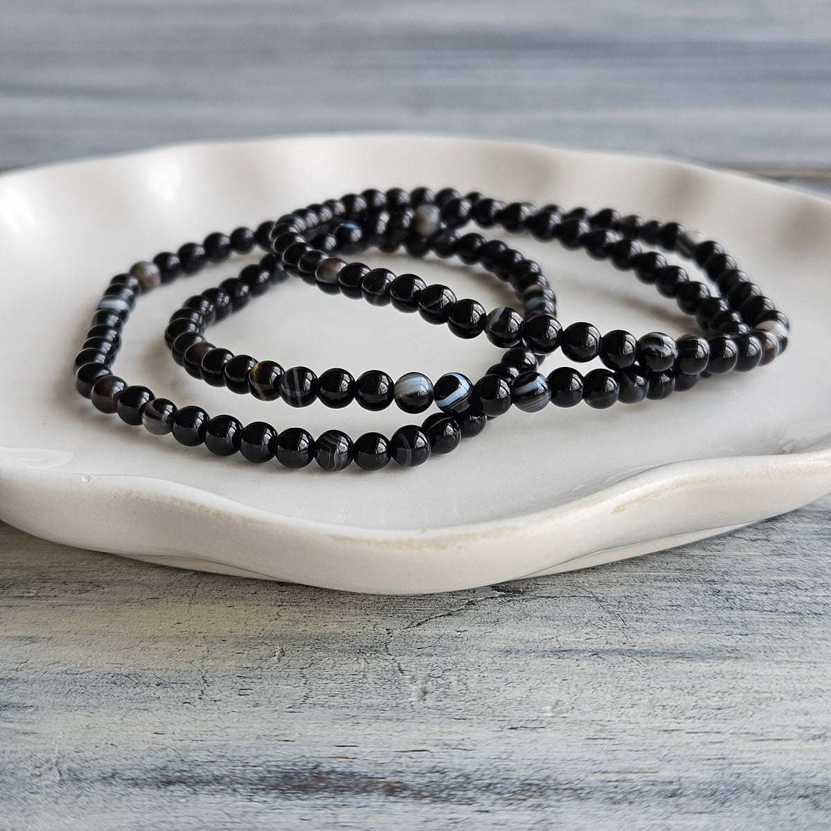 Banded Black Onyx 4mm Beaded Stretch Stone Bracelet – Wholehearted Crystal Creations